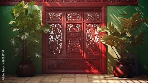 old antique traditional Chinese carved pattern door with plant and sunlight