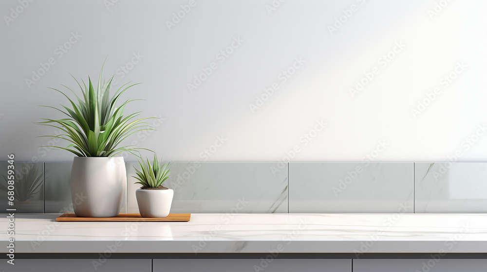 pastel gray kitchen counter white marble countertop with white wall and plant