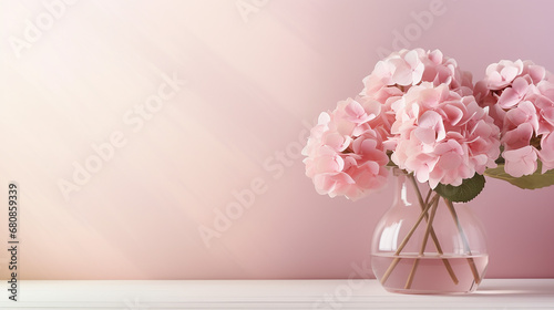 pastel pink side table podium hydrangea flower bouquet photo