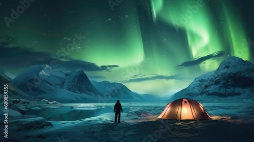 Tourist near tent lighted from the inside against the backdrop of Aurora borealis, Amazing night landscape. photo