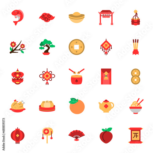 Set of Chinese New Year Flat Icon Design Vector. badge, fan, firework, lantern, drum, peach, coin, incense, bonsai, dumping, orange, cloud, teapot, chicken, noodle, flower, amulet, dragon