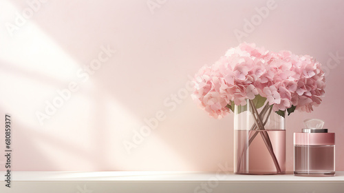 pastel pink side table podium with pink hydrangea flower bouquet