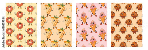 Fast food seamless pattern set with cake, ice cream, muffin, donut. Groovy retro vector illustration. For restaraunt, cafe and delivery.