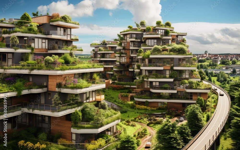 modern residential area with green roofs and balconies. generative ai