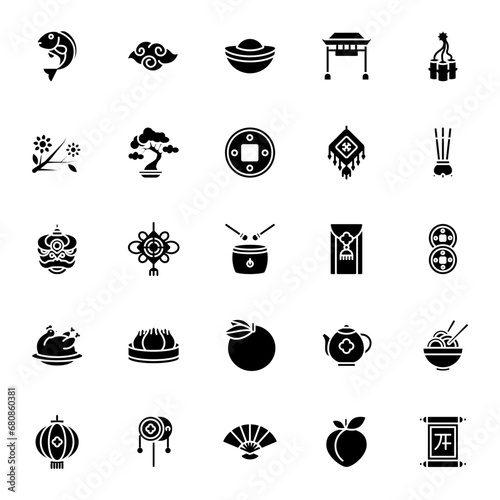 Set of Chinese New Year Solid Icon Design Vector. badge, fan, firework, lantern, drum, peach, coin, incense, bonsai, dumping, orange, cloud, teapot, chicken, banner, noodle, flower, amulet, dragon