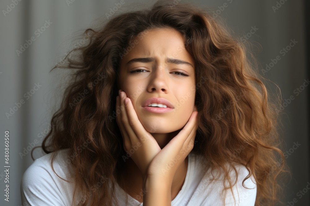 A woman with some common symptoms of tooth pain, Strong facial expression. A woman with some common symptoms of tooth pain, Strong facial expression.
