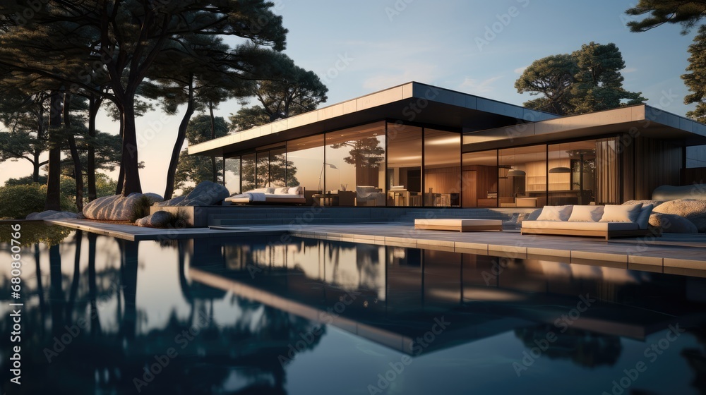 A modern house surrounded by trees and an infinity pool.