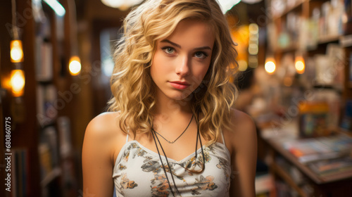 Blonde, blue-eyed woman in summer attire poses in vintage bookstore.