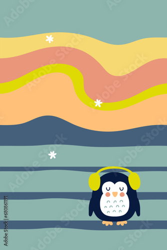 Cute penguin in headphones under the sky with the polar lights. Perfect vector illustration for poster, card, banner. Vertical print for decor and design.