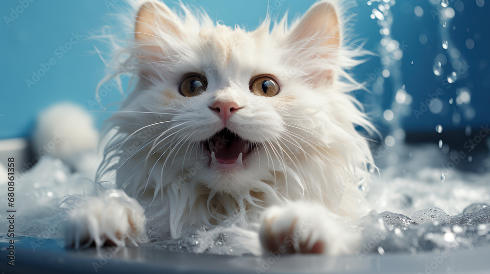 cat taking a bath in a bathtub