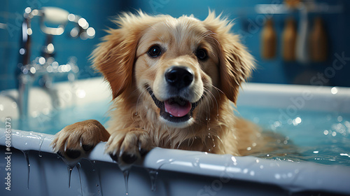 Golden retriever taking a bath in the bathtub