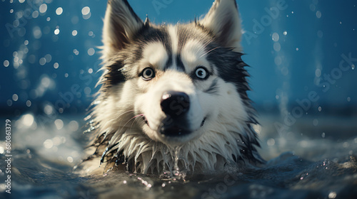 siberian husky taking a bath in the bathtub