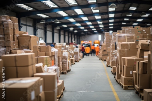 Workers working at post delivery service warehouse with cardboard boxes and packages packets. Logistic Generative AI photo