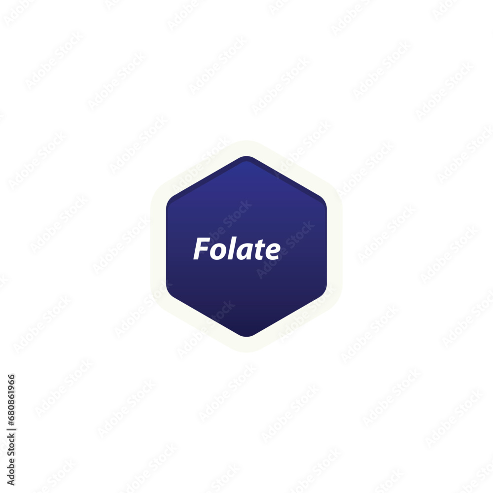 Folate symbol label vector, hexagon shape with text, Suitable for health product packaging. Folate symbol label vector, hexagon shape with text, Suitable for health product packaging.