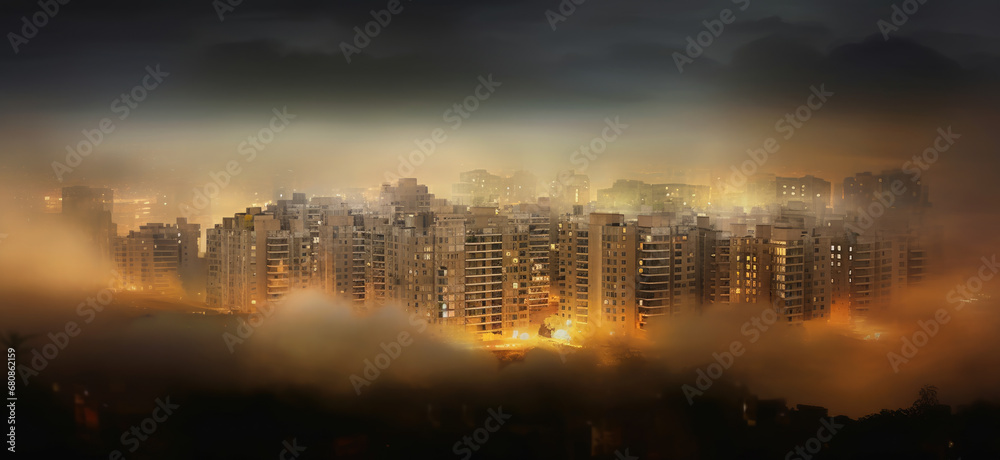 Obraz premium A city surrounded by three residential buildings with a fogfilled sky AI Generated