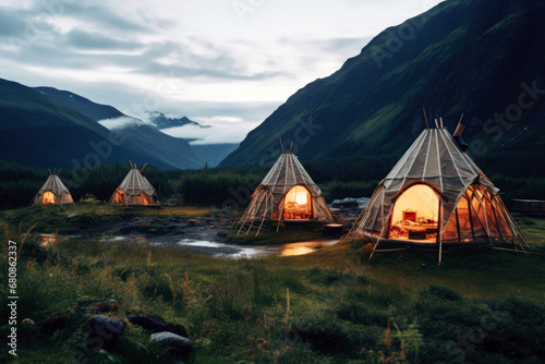 Native American wigwams in mountains photo