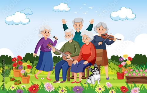 Joyful Retirees Entertaining with Music in the Park