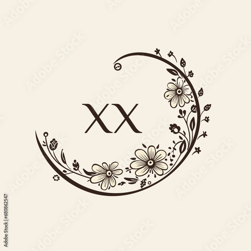 Hot stone massage procedure glyph solid initial logo idea. Spa salon. Minimalistic floral wreath. Letters inside circle shape. Graphic design. Created using neural network