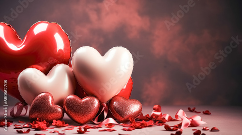 Big pink, red heart baloons on the pink background, love