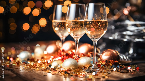 glass of champagne, glisters, Christmas decorations photo