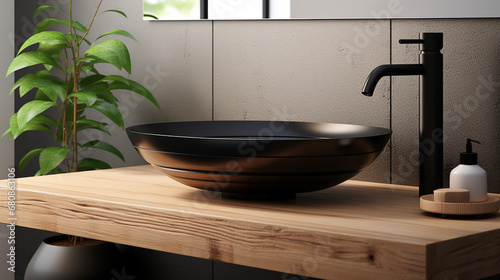 stylish black vessel sink and faucet on wooden counter