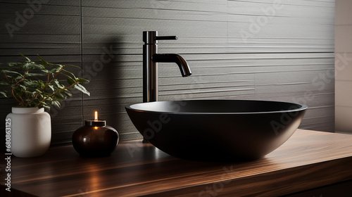 luxury stylish black vessel sink and faucet on wooden counter