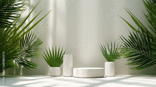 three glossy white round cylinder podium in corrugated side green tropical bamboo palm photo
