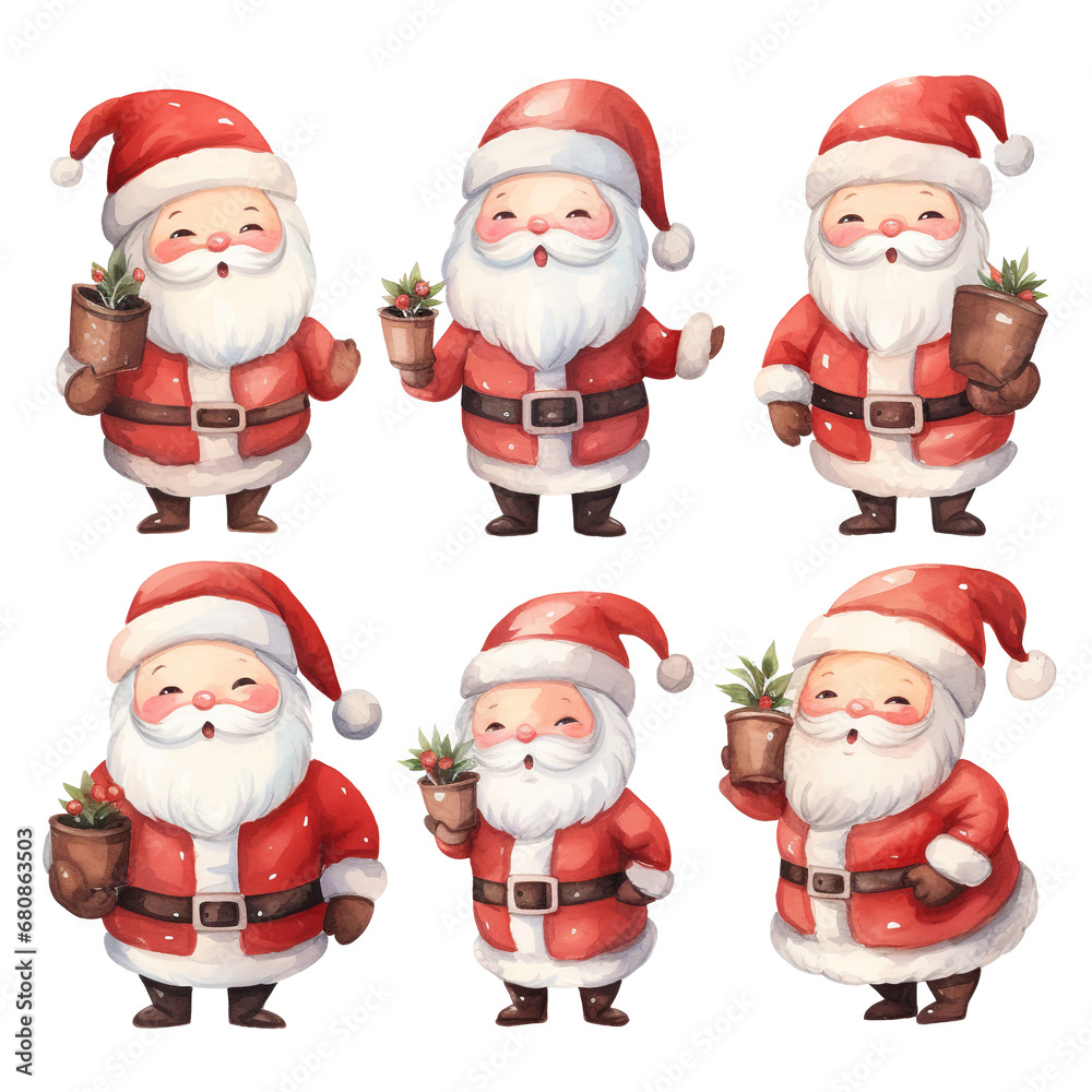 Hand-drawn cute Santa Claus clipart in vibrant watercolor, perfect for Christmas and holiday designs, isolated on a transparent background
