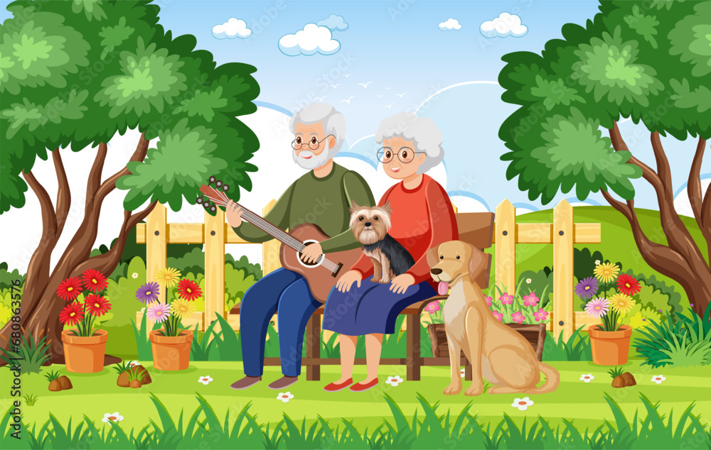 Fototapeta premium Joyful Retired Grandparents Playing Guitar in Garden