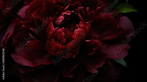 Deep crimson peony in full bloom  the intricate layers of dark petals offering a dramatic contrast to the soft  diffused background of a verdant garden