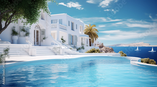 traditional mediterranean white house with pool with blue sky