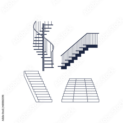 Isolated Set of Spiral Stairway, Carpet Marble Stair and Wooden Stone or Metal Staircase