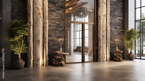 tree trunk columns in rustic interior design of modern house photo