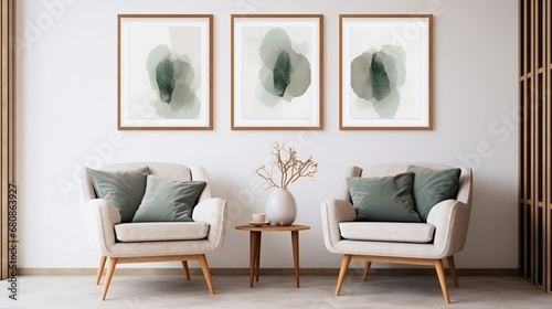 Fototapeta Naklejka Na Ścianę i Meble -  two armchairs in room with white wall and big frame