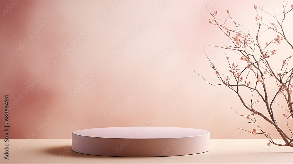 two layer glossy pastel pink cream round podium on white table with copy space for design. two layer glossy pastel pink cream round podium on white table with copy space for design.