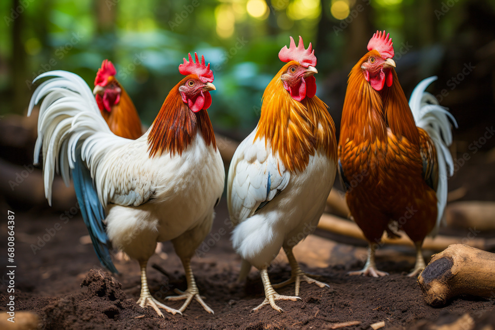 Fototapeta premium Chickens exploring a lush forest.