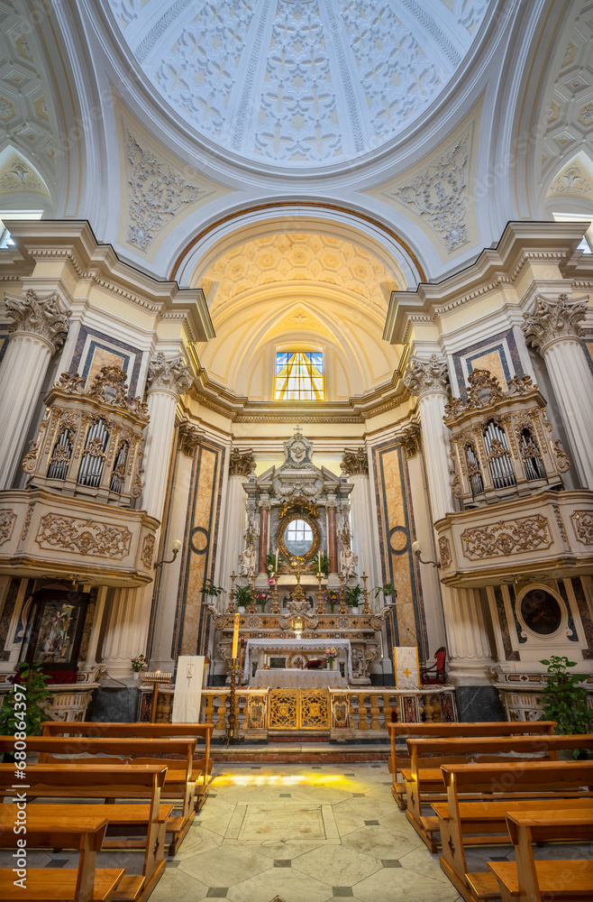 NAPLES, ITALY - APRIL 22, 2023: The nave of baroque church Chiesa di Santa Maria dell Aiuto.
