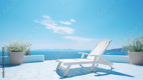 white deck chair on terrace with stunning sea view with blue sky