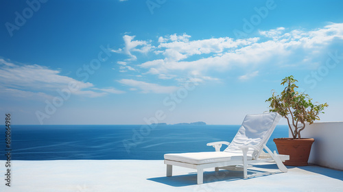 white deck chair on terrace with stunning sea view