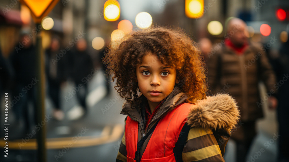 Fototapeta premium Child in red reflective vest crossing street