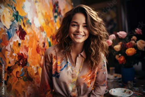 Young artist woman painting on a canvas at art studio with a happy and cool smile on face.. photo