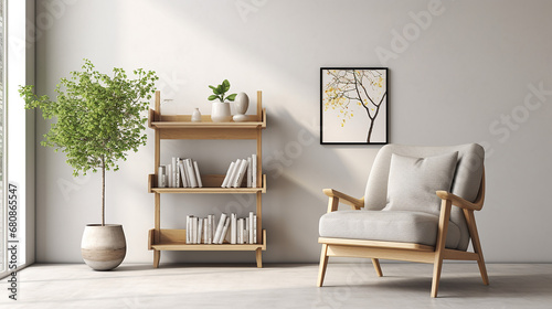 Scandinavian style with wooden shelf unit and gray armchair. photo