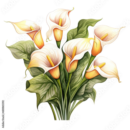 Bouquet blooming calla lilly flowers isolated on a white or transparent background  png