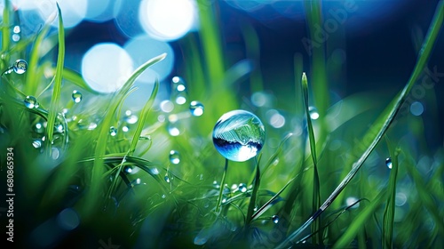 Dewdrop on Grass with a Soft Bokeh Background.