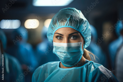 Close-up of surgeon woman looking at camera with colleagues performing in background in operation room. photo