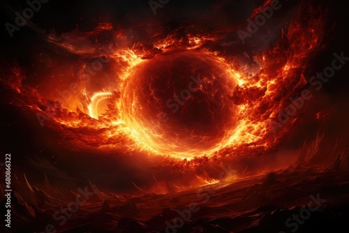 Sun in space with fire flame. surreal galaxy. Generative AI © itchaznong