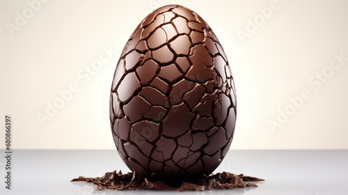 A chocolate Easter egg with a crackled texture, resembling a dragon's egg, set against a plain white background