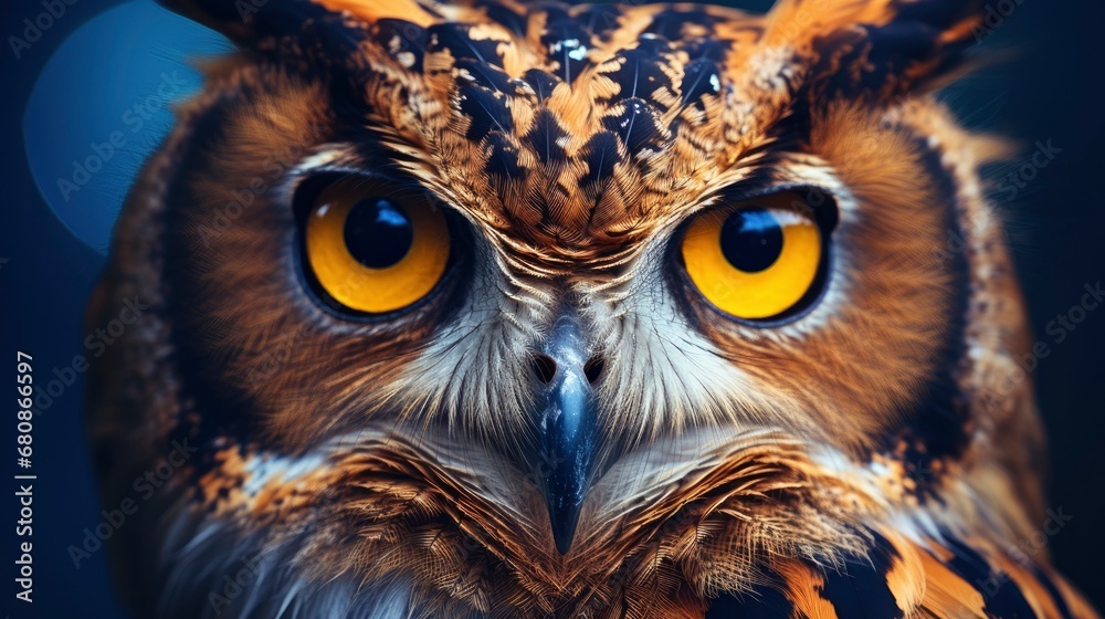 Owl's Piercing Gaze in the Night Dark Blue and Amber Light with Blue Bokeh Background. Owl's Piercing Gaze in the Night Dark Blue and Amber Light with Blue Bokeh Background.