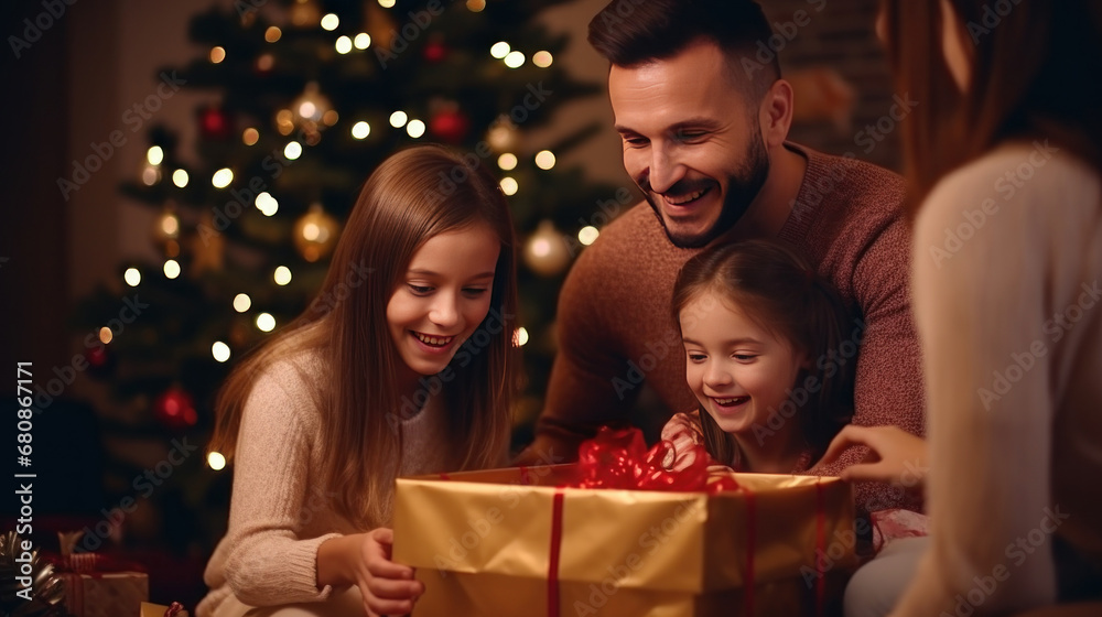 Family opening gifts with excitement in front of decorated Christmas tree