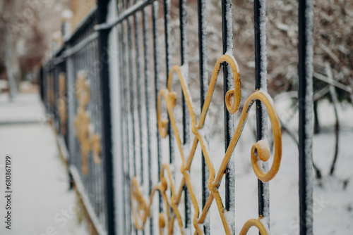 forged fence of the park covered with the first snow